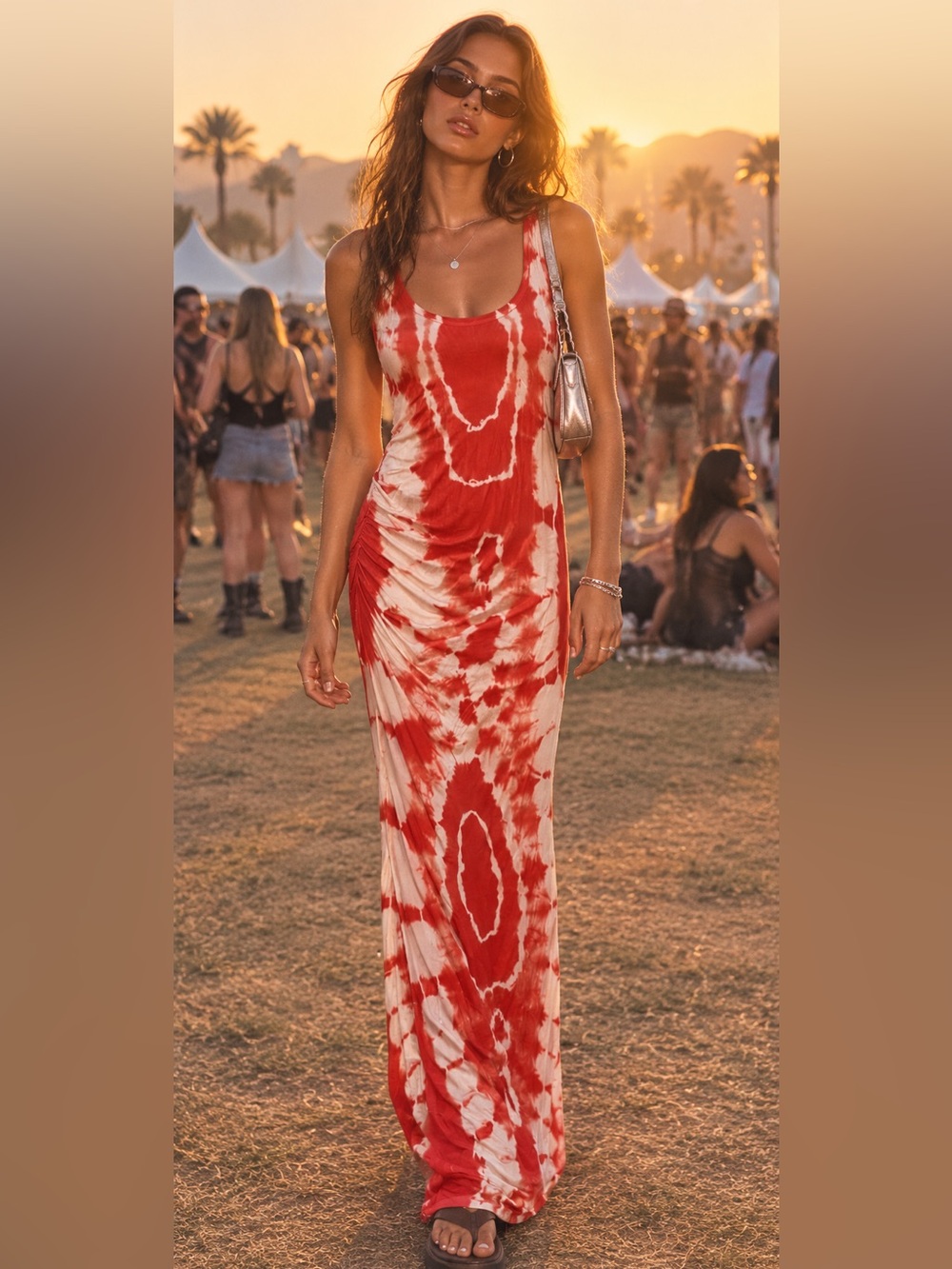 Young Fabulous & Broke Red White Tie Dye Racerback Maxi Dress M